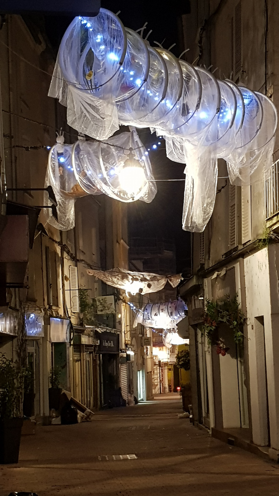 Ballade nocturne tardive au centre-ville de Meaux. Les corps serpentins de l'installation Cadadre exquis, faits d'arceaux et de bâches et contenant des objets hétéroclites, brillent étrangement dans la nuit grâce aux guirlandes qui les traversent